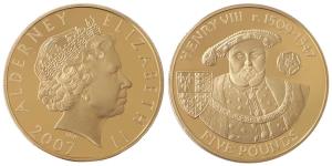 Alderney, Elizabeth II, Silver 5 Pounds, 28.28g, 2007, Henry VIII, Gold guild Proof.