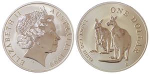 Australia, Elizabeth II, Silver (Dollar) $1, 31.1g, Australian Kangaroo, 1999. Uncirculate