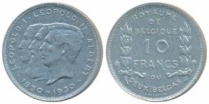 Belgium, Nickel, 17.23g, 5 Francs, 1930, obv. conjoined heads of Leopold I, Leopold II and
