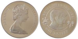 Bermuda, Queen Elizabeth II, Silver 1 Dollar, 28.28g, 1981 Wedding of Prince Charles and L