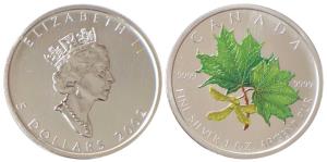 Canada, Elizabeth II, Silver 5 Dollars, 1 oz, 31.1g, 2002, rev. coloured Maple leaf. Uncir