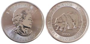 Canada, Elizabeth II, Silver 8 Dollars, 1 & ½ oz, 47.1g, Polar bear, 2015. Proof.