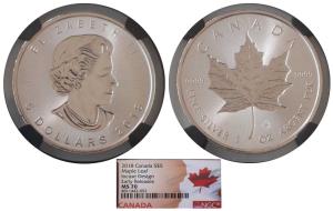 Canada, Elizabeth II, Silver 5 Dollars, 1oz, 31.1g, 2018, rev. Maple leaf. Graded by NGC M