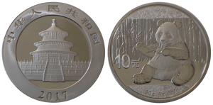 China, Silver 10 Yuan, 30.0g, 2017, Panda. Uncirculated, in plastic case of issue.