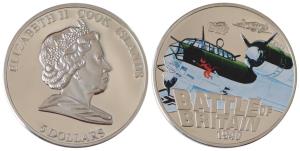 Cook Islands, Queen Elizabeth II, Silver 5 Dollars, 25g, 2010, rev. Battle of Britain, Pro
