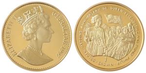 Gibraltar, Elizabeth II, Gold Gilt Silver 1 Crown, 28.28g, 1997, Golden wedding anniversar