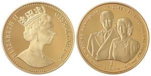 Gibraltar, Elizabeth II, Gold Gilt Silver 1 Crown, 28.28g, 1997, Engagement portrait of Qu