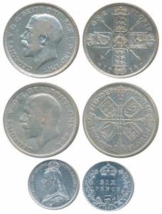 Great Britain, Victoria, Silver 6 Pence, Jubilee head, 1888; George V, Silver Florin (2), 