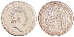 Great Britain, Queen Elizabeth II, Silver 5 Pounds, 62.42g, 2oz, 2017, rev. Welsh dragon s