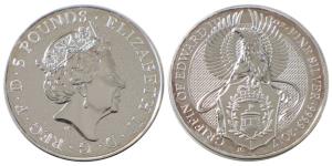 Great Britain, Queen Elizabeth II, Silver 5 Pounds, 62.42g, 2oz, 2017, rev. Queen's Beast 