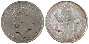 Great Britain, Queen Elizabeth II, Silver 5 Pounds, 62.42g, 2oz, 2017, rev. Queen's Beast 