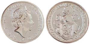 Great Britain, Queen Elizabeth II, Silver 5 Pounds, 62.42g, 2oz, 2018, rev. Queen's Beasts