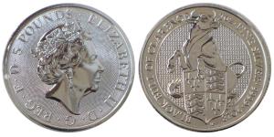 Great Britain, Queen Elizabeth II, Silver 5 Pounds, 62.42g, 2oz, 2018, rev. Queen's Beast 