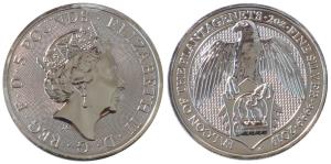 Great Britain, Queen Elizabeth II, Silver 5 Pounds, 62.42g, 2oz, 2019, rev. Queen's Beast 