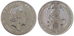 Great Britain, Queen Elizabeth II, Silver 5 Pounds, 62.42g, 2oz, 2019, rev. Yale of Beaufo