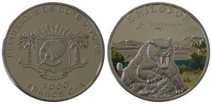 Ivory Coast, Silver 1000 Francs CFA, 25g, Smilodon (Saber-toothed tiger is a famous prehis