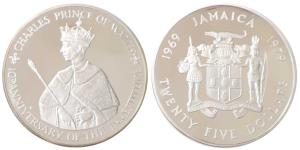 Jamaica, Silver 10 Dollars, 136g, 1979, 10th Anniversary of Investiture of Prince Charles 