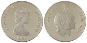 Jamaica, Queen Elizabeth II, Silver 10 Dollars, 28.28g, 1981 Wedding of Prince Charles and