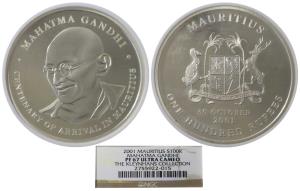 Mauritius, Silver 100 Rupees, 36.42g, 1975, Mahatma Gandhi, Centenary of arrival in Maurit