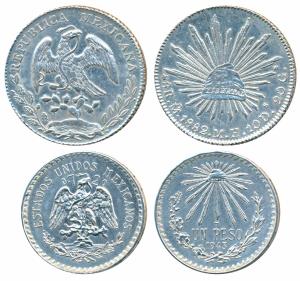 Mexico, Silver 8 Reales, 1882, eagle holding a snake in its beak; Silver Peso, 1943, (KM 3