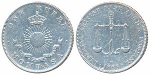 Mombasa, Silver Rupee, 11.5g, 1888 H mint mark (KM 5). Very Fine+, Rare.
