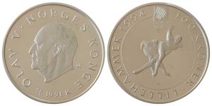 Norway, Silver 100 Kroner, 33.6g, 1995 Olympics, 2 Skaters (KM 434). Uncirculated.