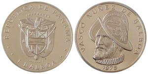 Panama, Silver 1 Balboas, 26.73g, 1975 Vasco nunez de Balboa (KM 39.1a). Proof.
