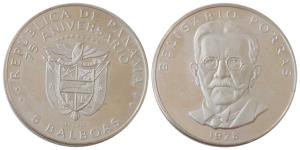 Panama, Silver 5 Balboas, 35.12g, 1978 Belisario Porras (KM 52a). Proof.