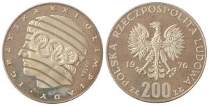 Poland, Silver 200 Zloty 13g, 1976, Trial Strike, Uncirculated, Rare