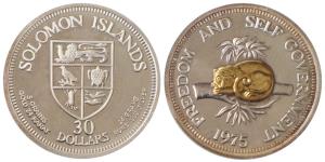 Solomon Islands, Fantasy issue (Freedom and Self Government), 30 dollars, 24g, 1975, Gold 