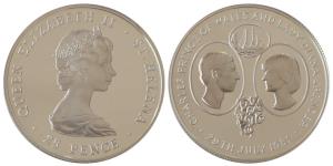 St. Helena, Queen Elizabeth II, Silver 25 Pence, 28.28g, 1981 Wedding of Prince Charles an