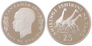 Tanzania, President J.K. Nyerere, Silver 25 Shilingi, 28.28g, 1974, Giraffes (KM 7a). Proo