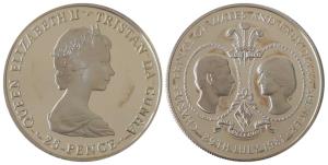 Tristan Da Cunha, Queen Elizabeth II, Silver 25 Pence, 28.28g, 1981 Wedding of Prince Char