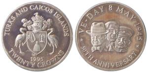 Turks and Caicos Islands, 20 Crowns 31.1g, 1995, V-Day. Uncirculated, Rare.