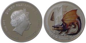 Tuvalu, Queen Elizabeth II, Silver Dollar, 2014, 31.1g, rev. A coloured dragon guarding pi