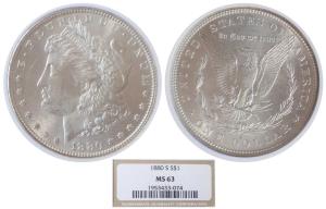 United States of America, Silver Morgan Dollar, 1880 S (KM 110). Graded by NGC MS63, Rare.