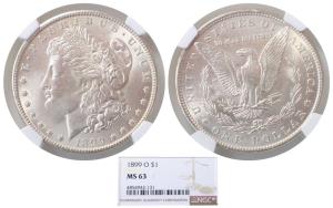United States of America, Silver Morgan Dollar, 1899 O (KM 110). Graded by NGC MS63, Rare.