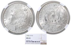 United States of America, Silver Morgan Dollar, 1902 O (KM 110). Graded by NGC MS63, Rare.