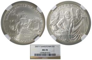 United States of America, Silver Dollar, 2007- P, Jamestown. Graded by NGC PF70.