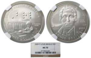 United States of America, Silver Dollar, 2009-P, Louis Braille. Graded by NGS MS70.