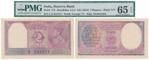George VI, Rupees 2, 1943, signed C. D. Deshmukh (J&R 4.2.2). Graded by PMG Gem Uncirculat