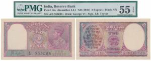 George VI, Rupees 2, 1943, signed J. B. Taylor, Prefix A (J&R 4.2.1). Graded by PMG About 