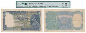 George VI, Rupees 10, 1st issue, 1938, signed J. B. Taylor, Prefix D (J&R 4.5.1). Graded b
