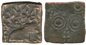Satavahanas, King Sadavahana (c. 1st century BC), Copper Unit, 4.1g, obv. elephant with up