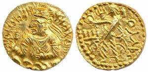 Kushanas, Huvishka, Gold Dinar, 8g, obv. bust of the king emerging from clouds, holding ma