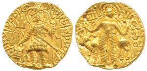 Kushanas, Vasudeva II, Gold Dinar, 7.81g, obv. king standing facing, head left, flames on 