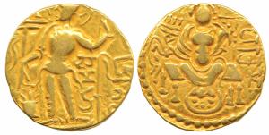 Guptas, Samudragupta (c. 335-380 AD), Gold Dinar, 7.5g, Sceptre type, obv. king nimbate st