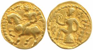 Guptas, Chandragupta II (c. 380-413 AD), Gold Dinar, 7.87g, ‘Horseman’ type, obv. king rid
