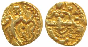 Guptas, Chandragupta II, Gold Dinar, 7.66gm, Archer type, obv. king nimbate, standing left
