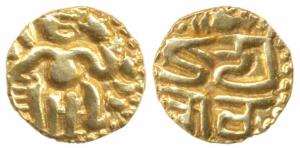 Imperial Cholas, Raja Raja I (c. 985-1014 AD), Gold Fanam, 0.22g, obv. king standing looki